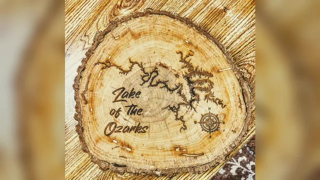 A lake map engraved into a wood slice