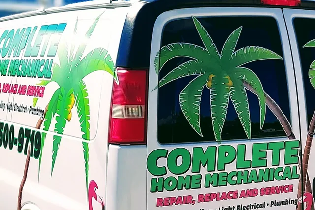 Green lettering and palm-tree graphics on a white van.