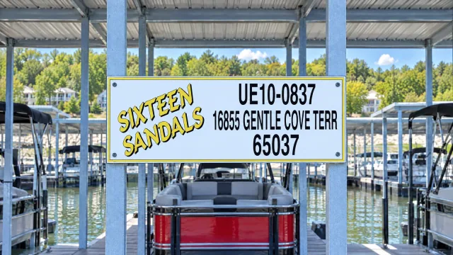 Sixteen Sandals dock address sign